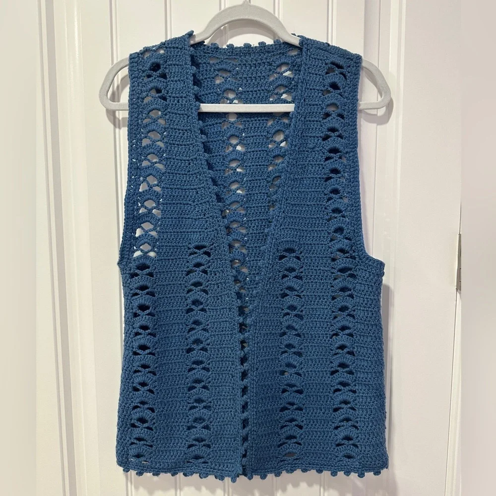 Blue hand knit + crochet vest - Picture 3 of 3